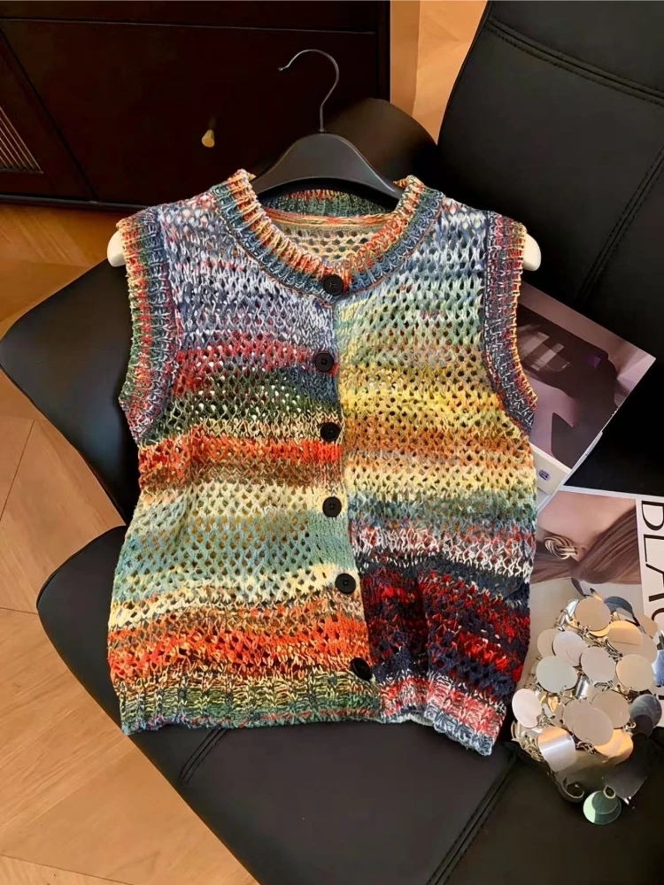 

Gradient Color Cut Out Round Neck Knitting Vest Women's Summernew Arrival Single Breasted Cardiganvest Sleeveless Tops