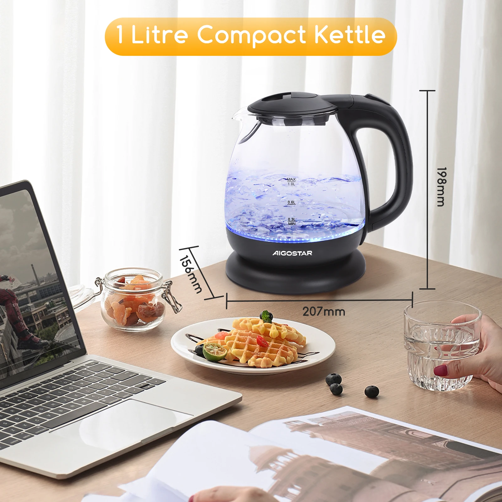 غلاية كهربائية زجاجية سعة 1 لتر مع إضاءة ليد ، نظام حماية من الغليان الجاف ، قاعدة ° ،