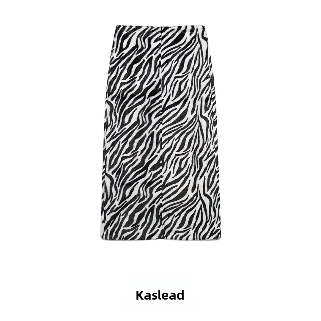 KASLEAD New Women's Fashionable Zebra Print Fur Half Skirt Versatile High-End Feelings Straight Leg mid Waist Polyester Fiber