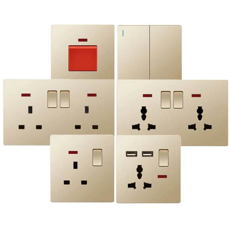 Uk Standard 13A Gold USB Plug Wall Power Socket Light Switch,220V Universal 6-hole Dual Socket with 2.1A Usb Charging Port