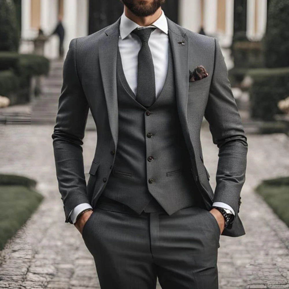 

Dark Grey Elegant Men's 3 Piece Suits Jacket Pants Vest Full Sets Single Breasted Notch Lapel Regular Length Blazer Full Sets