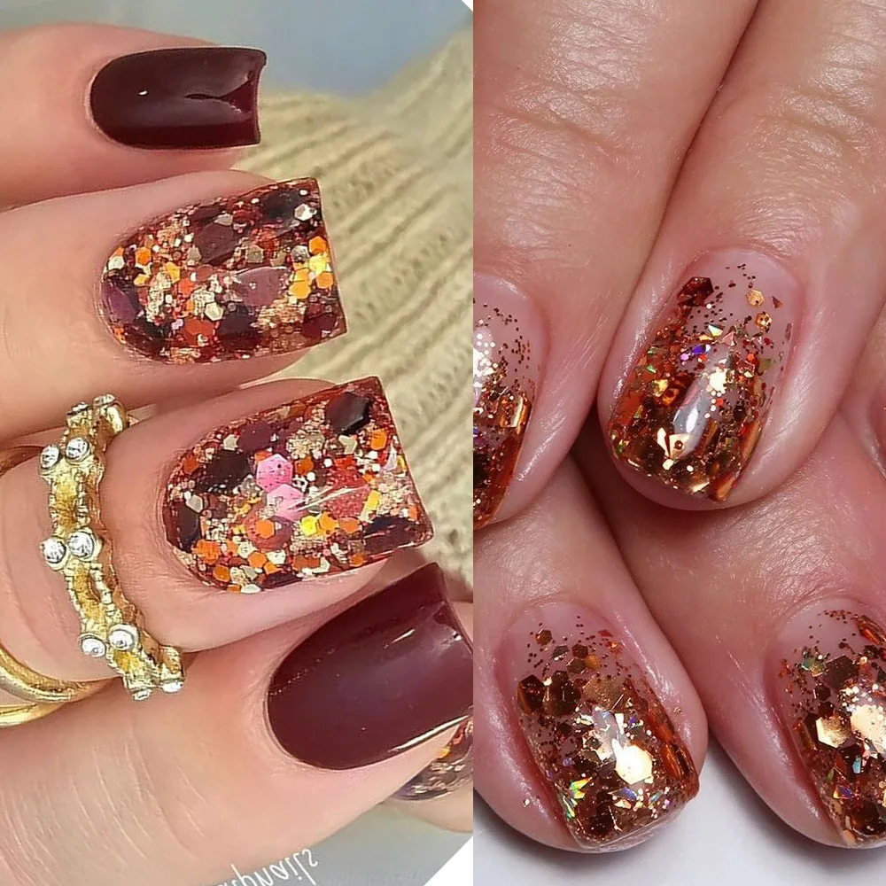 50g/Bag Laser Gold Brown Chunky Hexagon Glitter Nail Sequins Mixed Size Holographic Nail Flakes Slices Autumn Manicure Nail Deco