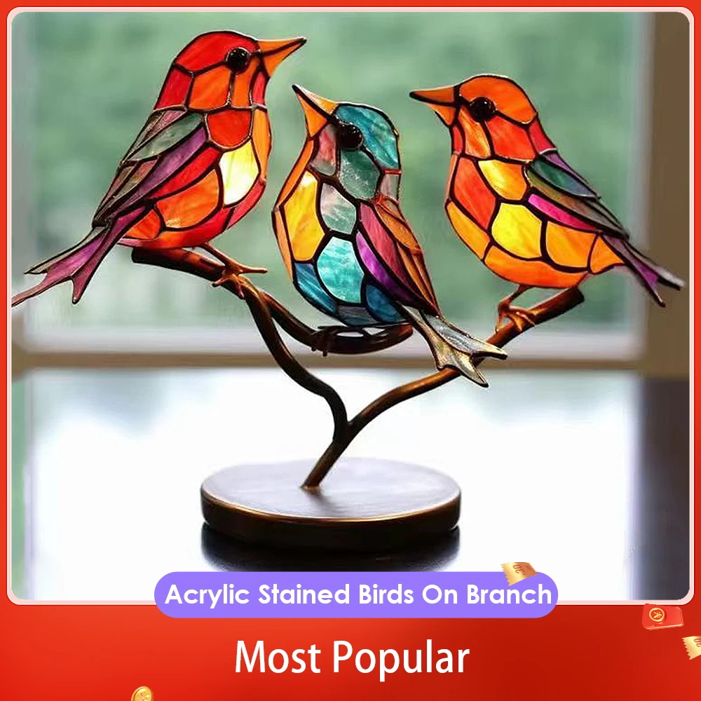 Acrylic Stained Birds On Branch Colorful Bird Group Desktop Ornament Creative Double Sided Colorful Birds Series Home Decoration