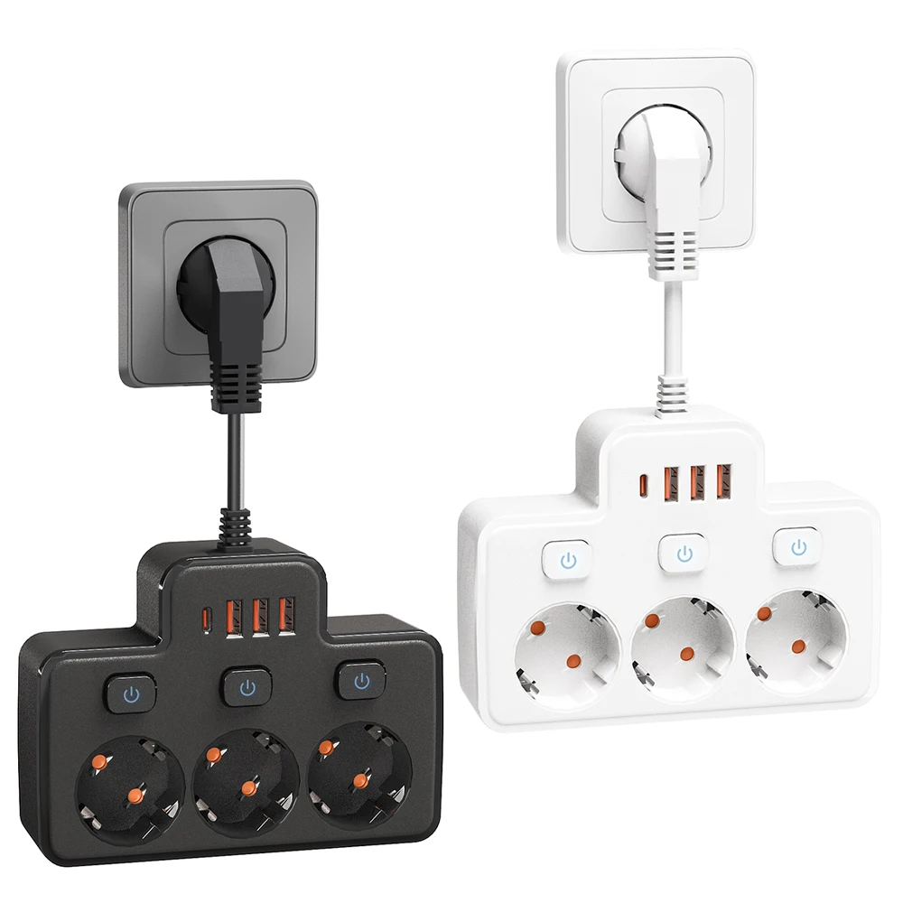 EU Plug AC Power Strip Wall Independent Switch 2500W European Standard Plug Outlet With USB Type-C Ports Charg Network Filter