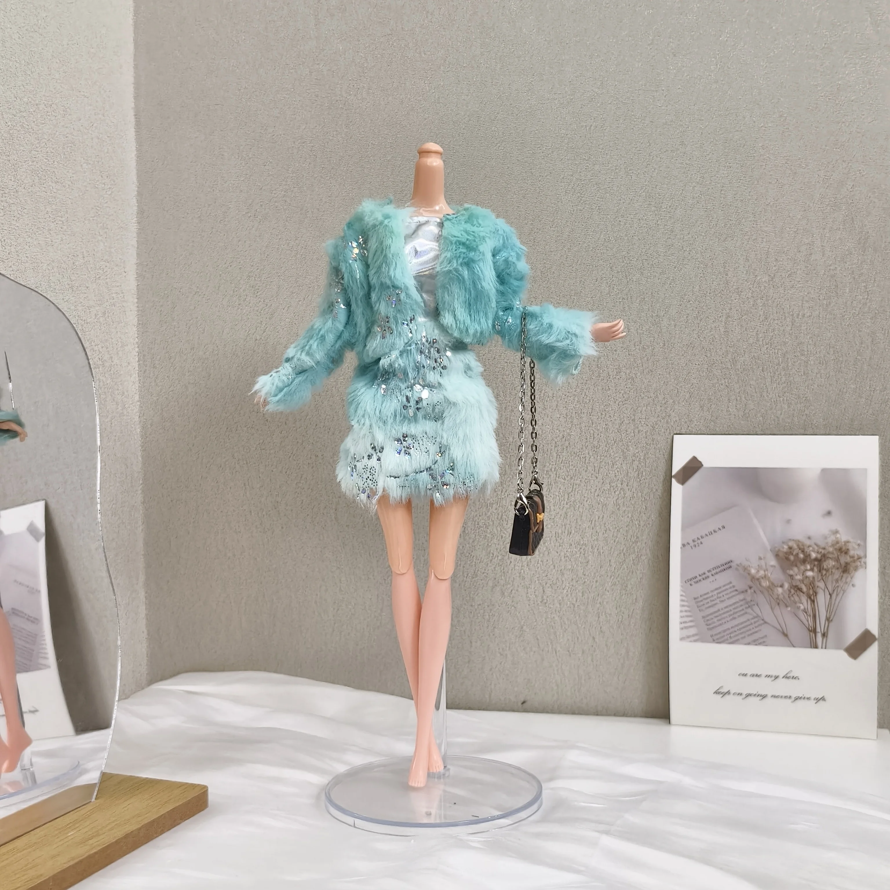 30cm Doll Clothes Accessories Fashion Luxury Shiny Plush Jacket + Skirt + Handbag Set For 1/6 BJD Xinyi FR Babi Supermodel Doll