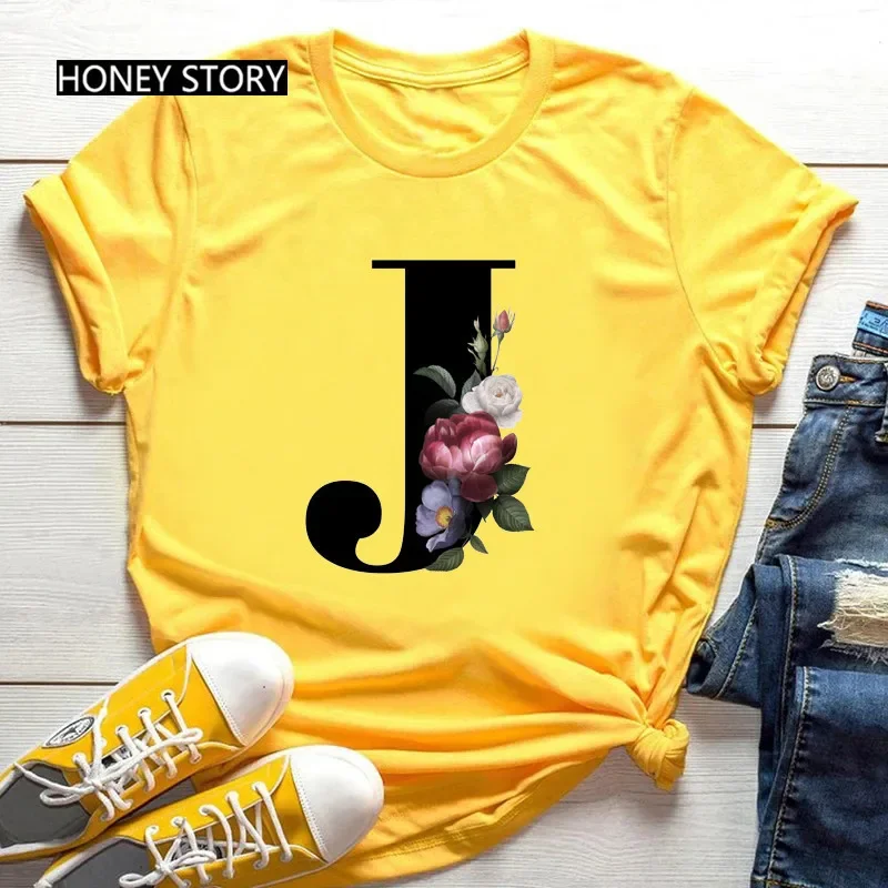 Hot Selling Large Size Flowers 26 English Letters Black Fashion Trend Print Men's and Women's Casual Yellow T-shirt Short Sleeve