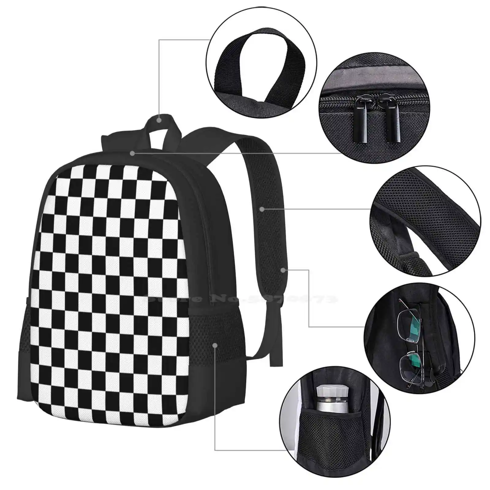 Checkerboard Pattern ( Black / White ) 3D Print Design Backpack Student Bag Black White Checkered Checkerboard Chess Racing