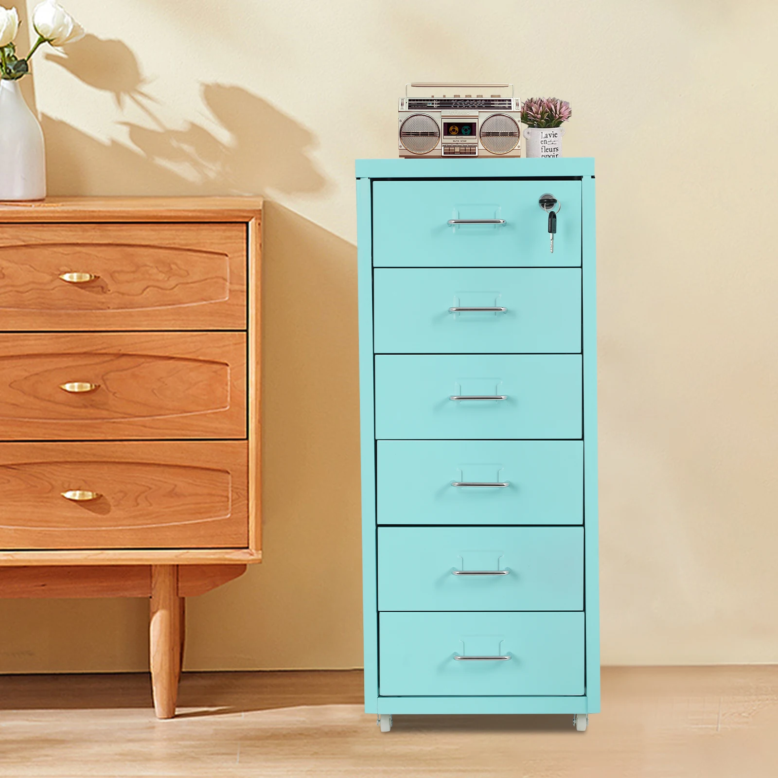 6-Tiers: Vertical File Cabinet,Cold-Rolled Steel Metal File Cabinet with Lock, Filing Cabinet Blue in the Office, Study