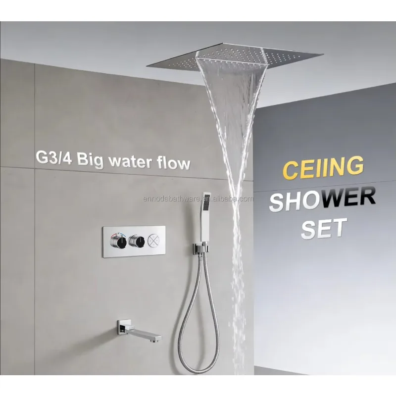 Modern Brass Four-way Large Flow Thermostatic Shower Faucet, Ceiling Rain Waterfall Shower Set