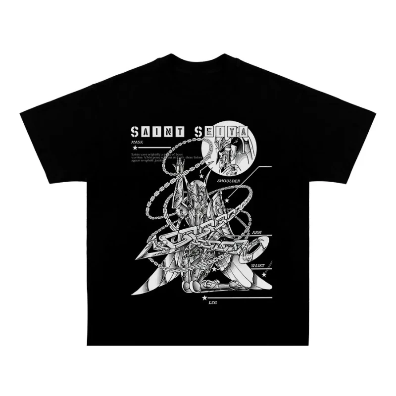 

100% Cotton Saint Seiya Anime Short-sleeved T-shirt Men's and Women's Summer Retro Two-dimensional Loose Crew Neck Top Tide