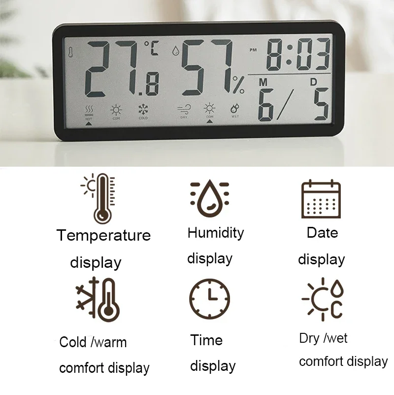 นาฬิกาแขวนดิจิตอลอิเล็กทรอนิกส์ติดผนังจอแสดงผล LCD นาฬิกามัลติฟังก์ชั่นอุณหภูมิความชื้นนาฬิกาปลุกตกแต่งบ้านสีขาว