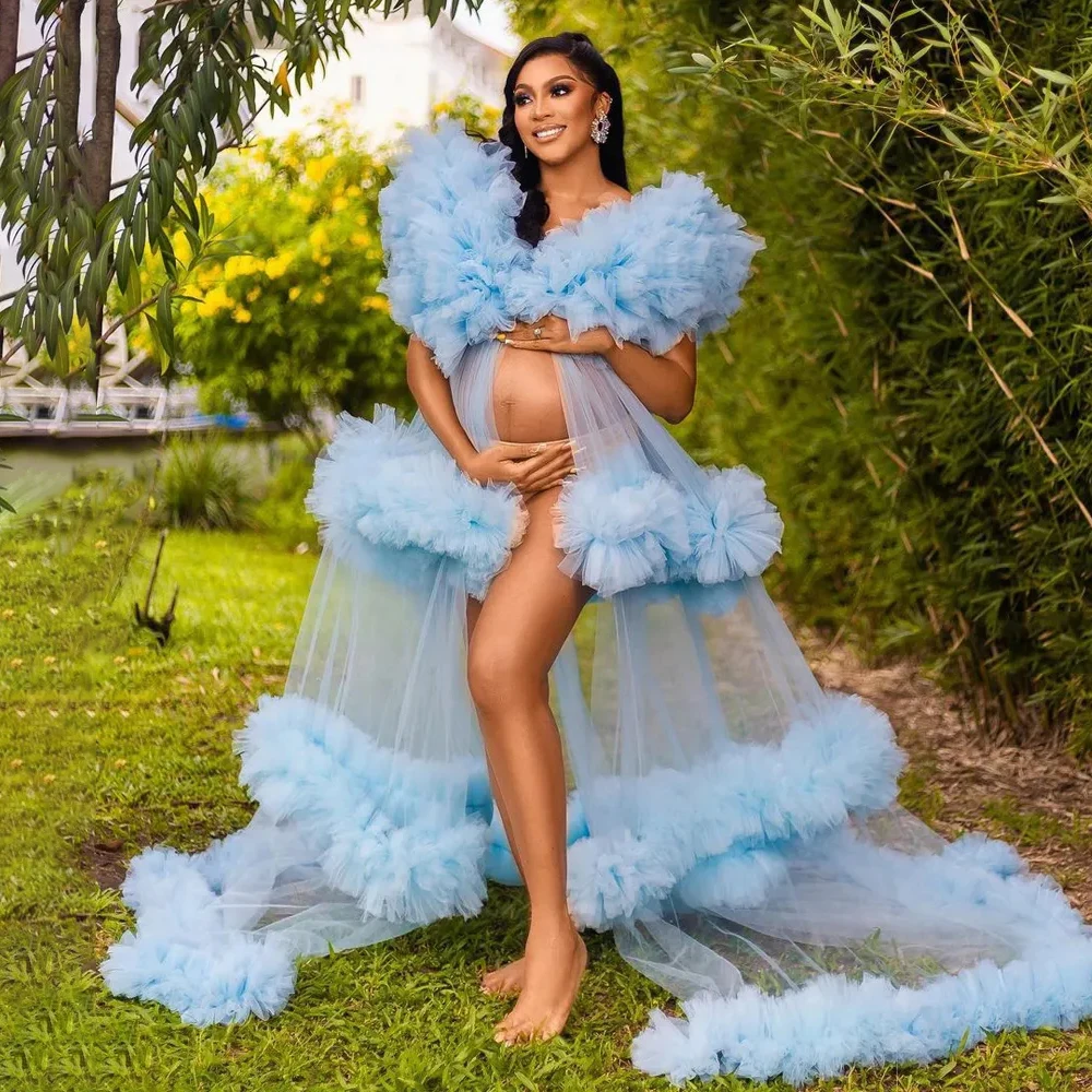 

Blue Women Robe for Photoshoot Tulle Ruffles Maternity Gowns Open Front Pregnant Dress Wedding Bridal Boudoir Sleepwear Bathrobe