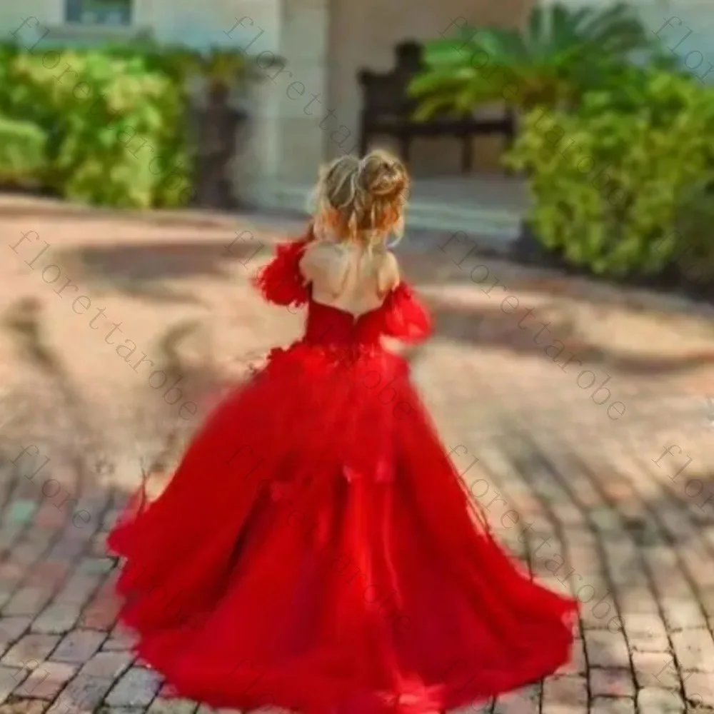 Customized Red Tulle Flower Girl Dress Floor Length Ball Gown Off Shoulder Long Sleeve Beaded Floral Applique Wedding Birthday
