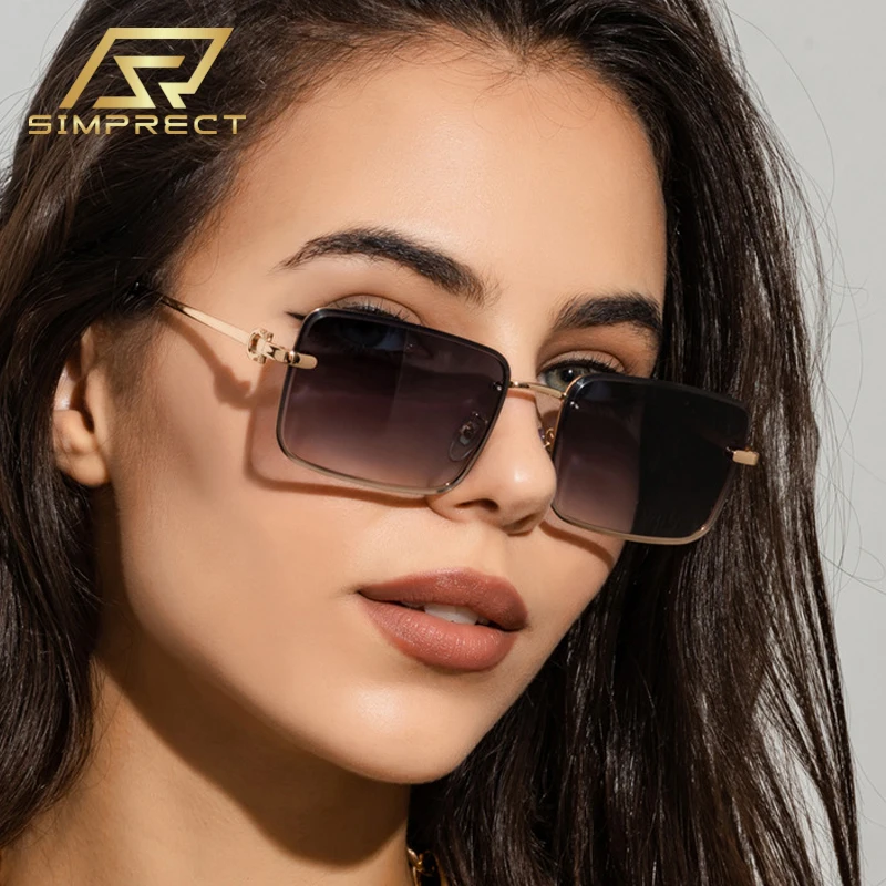 

SIMPRECT Rimless Rectangle Sunglasses Women 2023 Luxury Brand Designer Quality Sun Glasses Retro Vintage Square Shades For Women