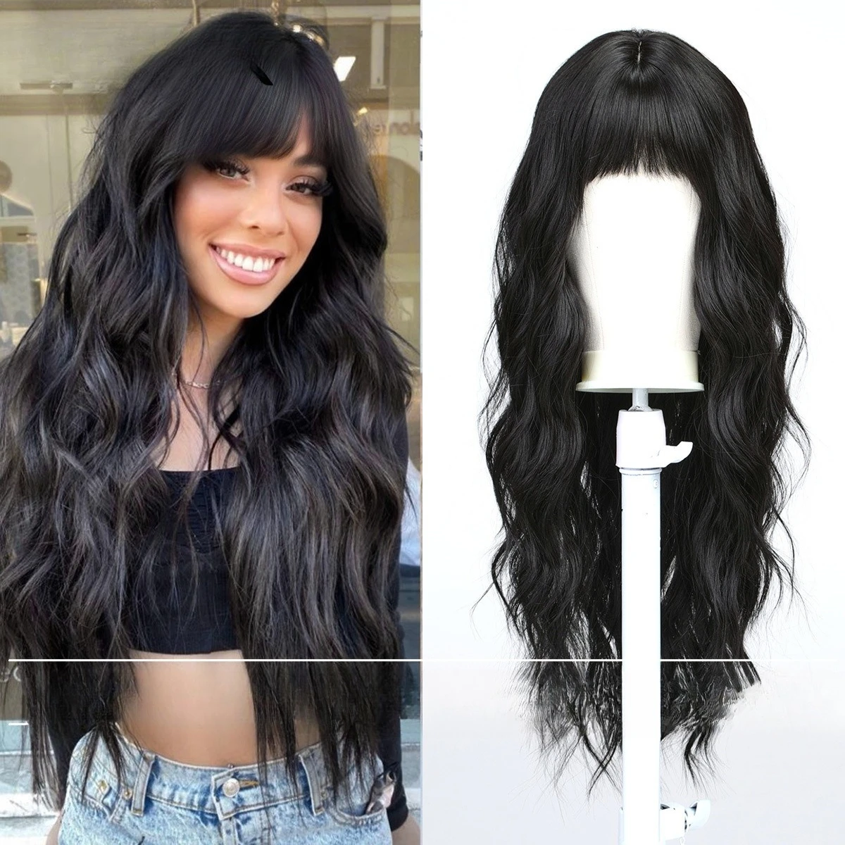 

European and American new natural black Qi bangs fashion big wave long curly hair fluffy women's wig full head cover