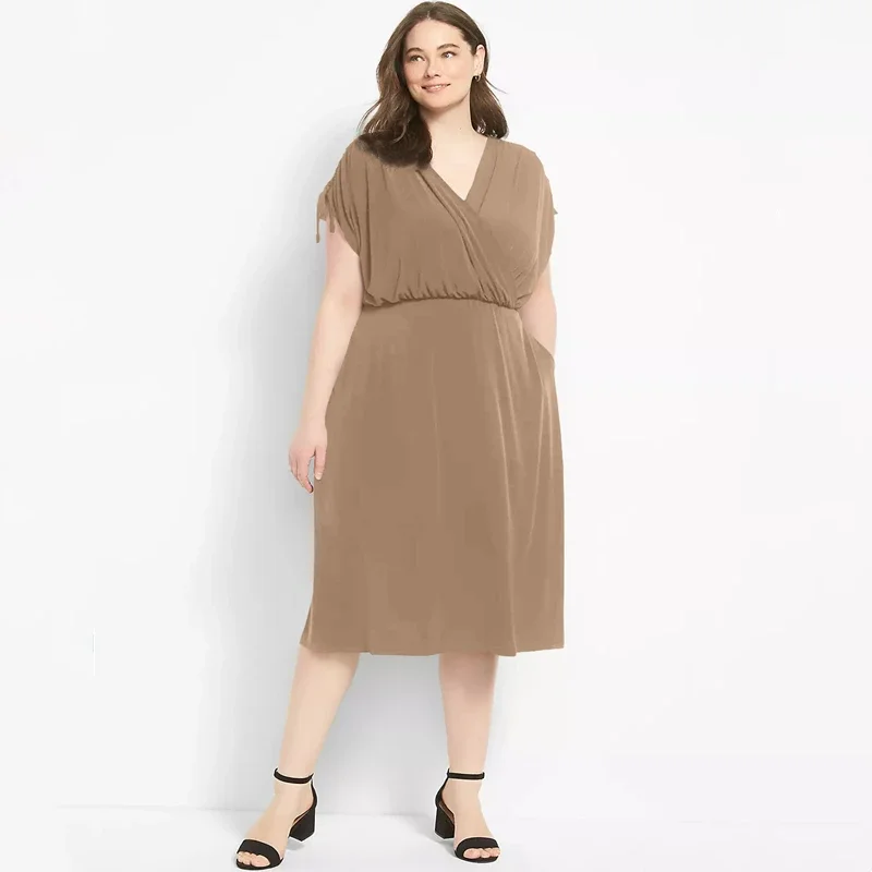 Plus Size Surplice Neck Elegant Summer Ruched Dress Women Adjustable Shoulders Elastic Waist Midi Wrap Dress Casual Party Dress