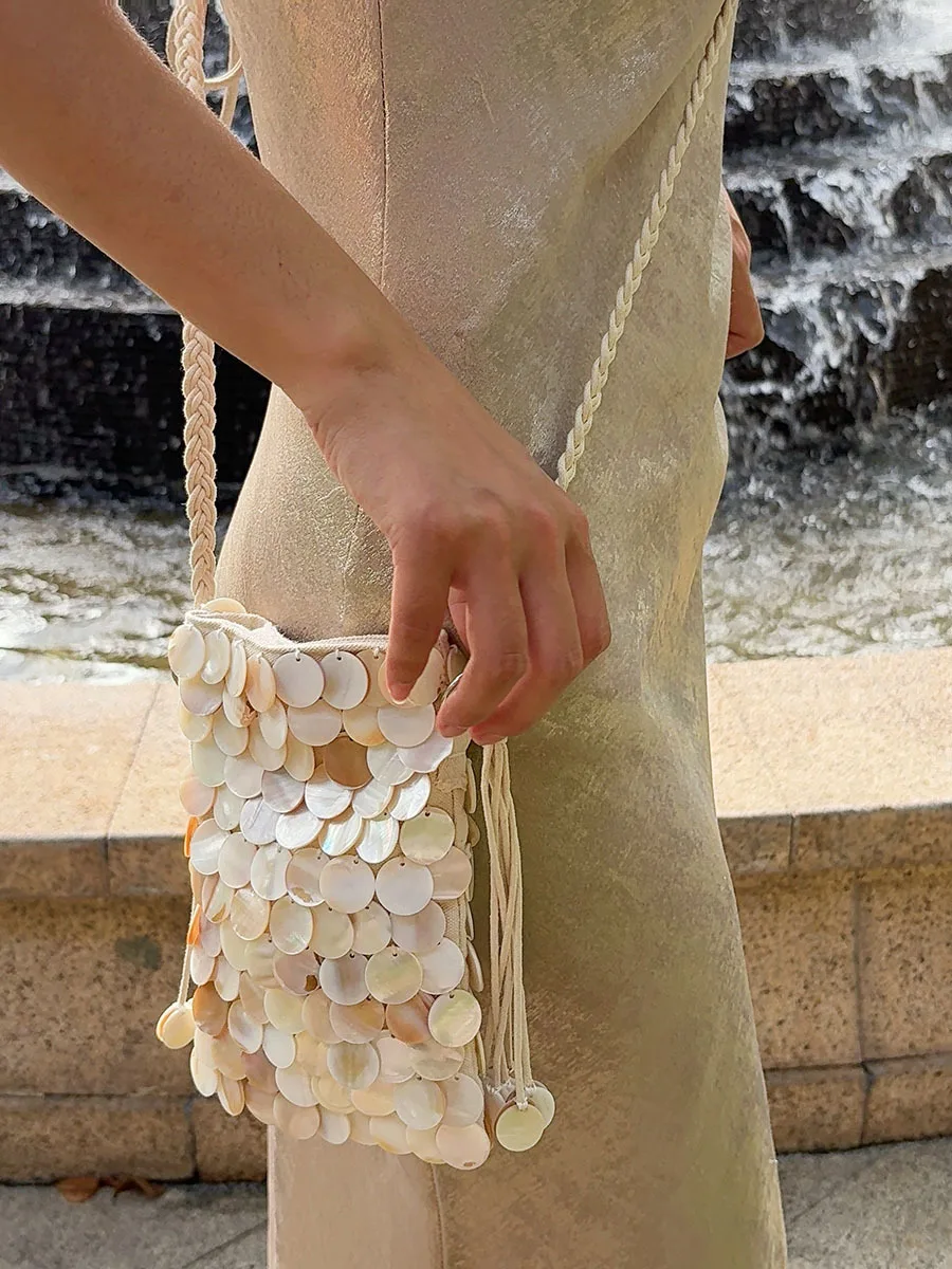 French Natural Shell Slices, Hand-Woven Belt, Messenger Bag, Temperament, Leisure and Vacation, Merry Su Shoulder Bag.