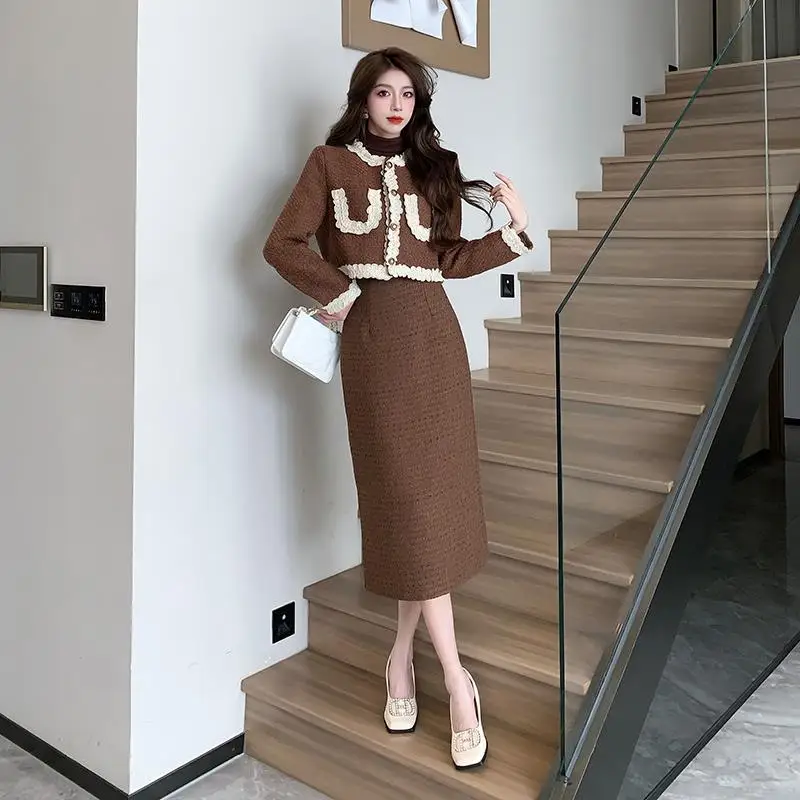 Women's lace tweed jacket+high waisted slim fitting skirt 2 pieces set, new spring and autumn season small fragrance style set