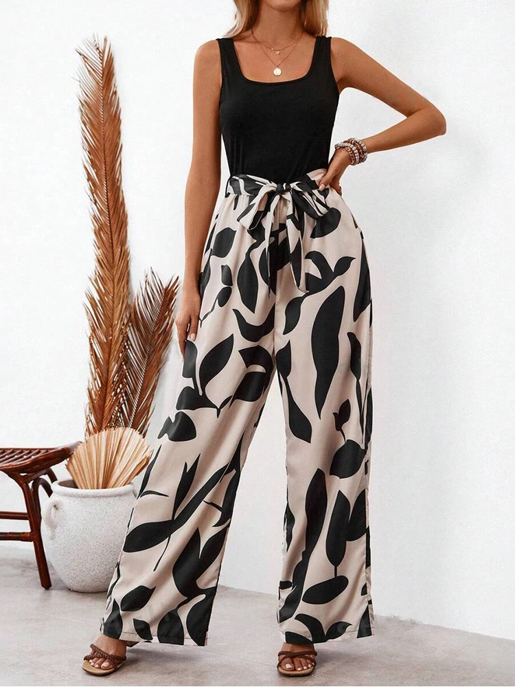 Elegant Sexy Jumpsuits Women Sleeveless Floral Print Patchwork Trousers Wide Leg Tanks Rompers Loose Style Belted Leotard Overal