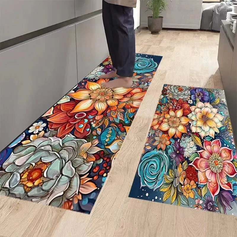 Bohemian Retro Style Colorful Flowers Kitchen Non-slip Waterproof Cushion Anti-fatigue Crystal Velvet Doormat