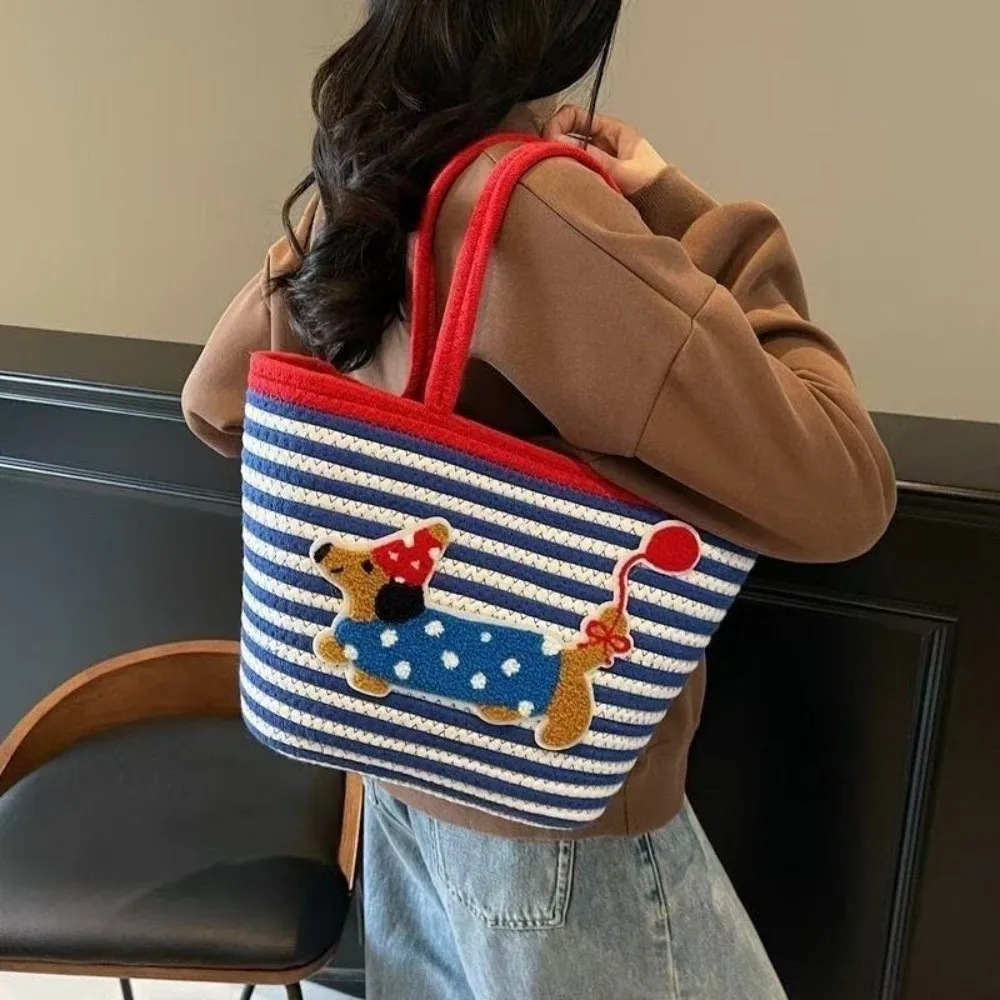 

Gifts Large-capacity Dachshund Woven Bag Contrasting Color Puppy Bucket Bags Portable Cotton Rope Woven Shoulder Hadbag