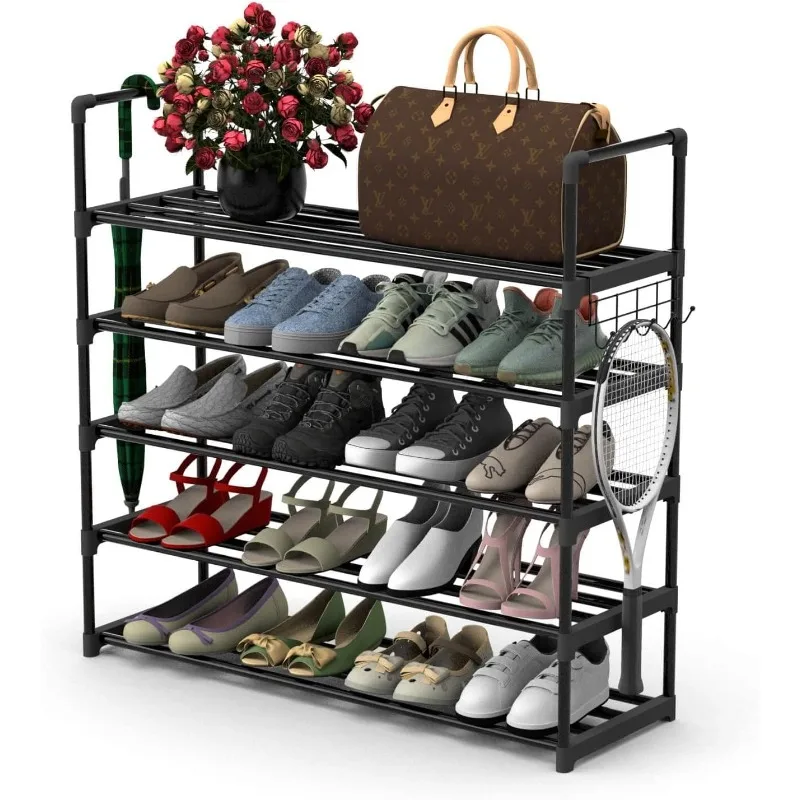 

5 Tiers Metal Shoe Rack,Adjustable Shoe Shelf Storage Organizer with Hooks,Stackable Boot & Shoe Storage,for Entryway,Black