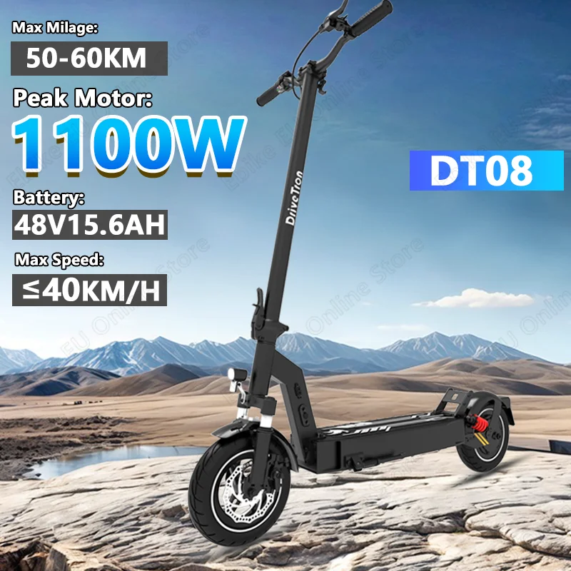 

DT08 Electric Scooter 1100W Peak Motor 48V15.6Ah Battery E-Scooter Max Speed: 40KM/H Max Range: 50-60KM 10-inch Tires EScooters