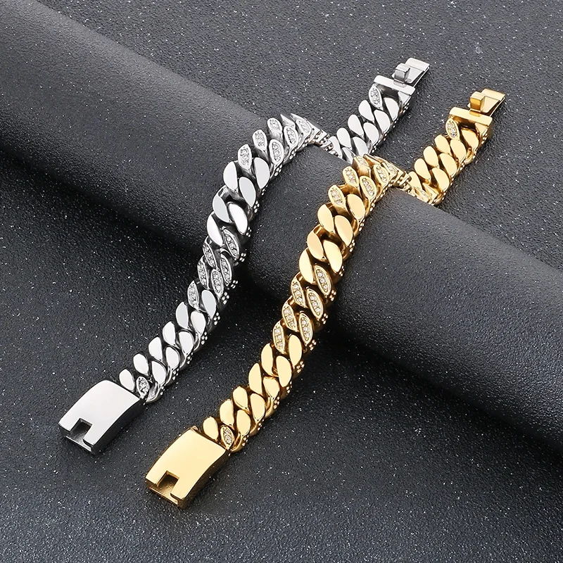 Kalen CNC Stone Cuban Chain Thick Bracelets for Men High Quality Shiny Stainless Steel Jewelry Trendy Accessories 12mm Gift