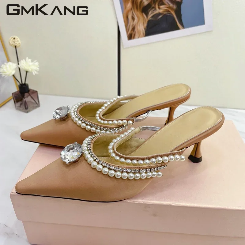 Satin high-heeled shoes Women's diamond ring beaded high-heeled slippers Women's stiletto shoes