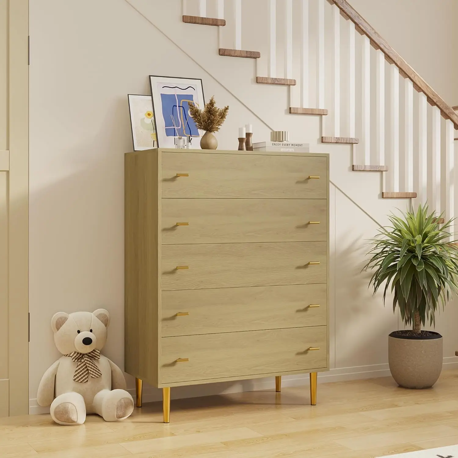

Farmhouse 5 Drawers Dresser for Bedroom, 44 in Tall Natural Dresser Wood Rustic Chest of Drawers with Large Drawers & Bar Han