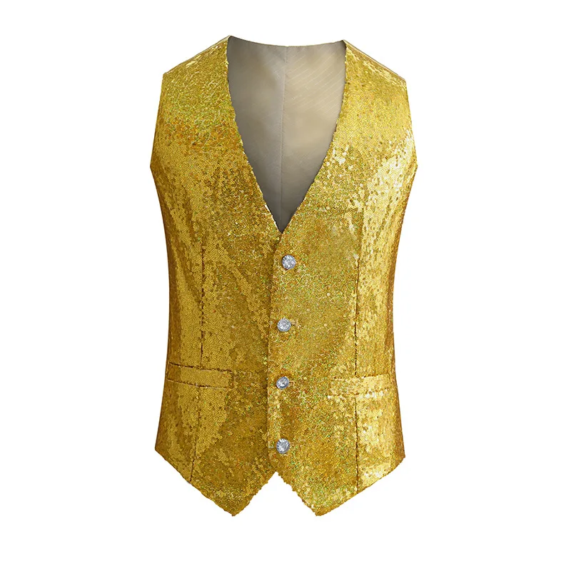 Men's Red Shiny Sequins Single Breasted Sleeveless Vest, V-Neck Waistcoat, Gold Black White Blue Purple Available.