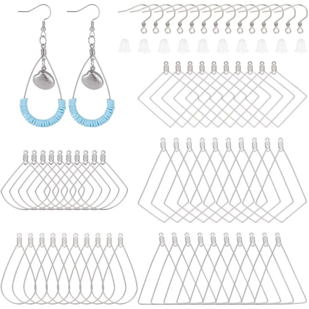 About 180pcs 5 Types Hypoallergenic Hollow Hoop Earring Stainless Steel Earring Hooks with Wire Pendants and Plastic Ear Nuts