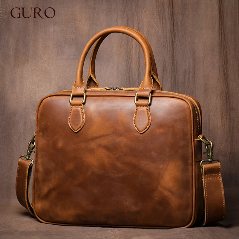 GURO Men Top Layer Cowhide Briefcase Luxury Genuine Leather Handbag Shoulder Bag lightweight Simple Document Laptop Computer Bag