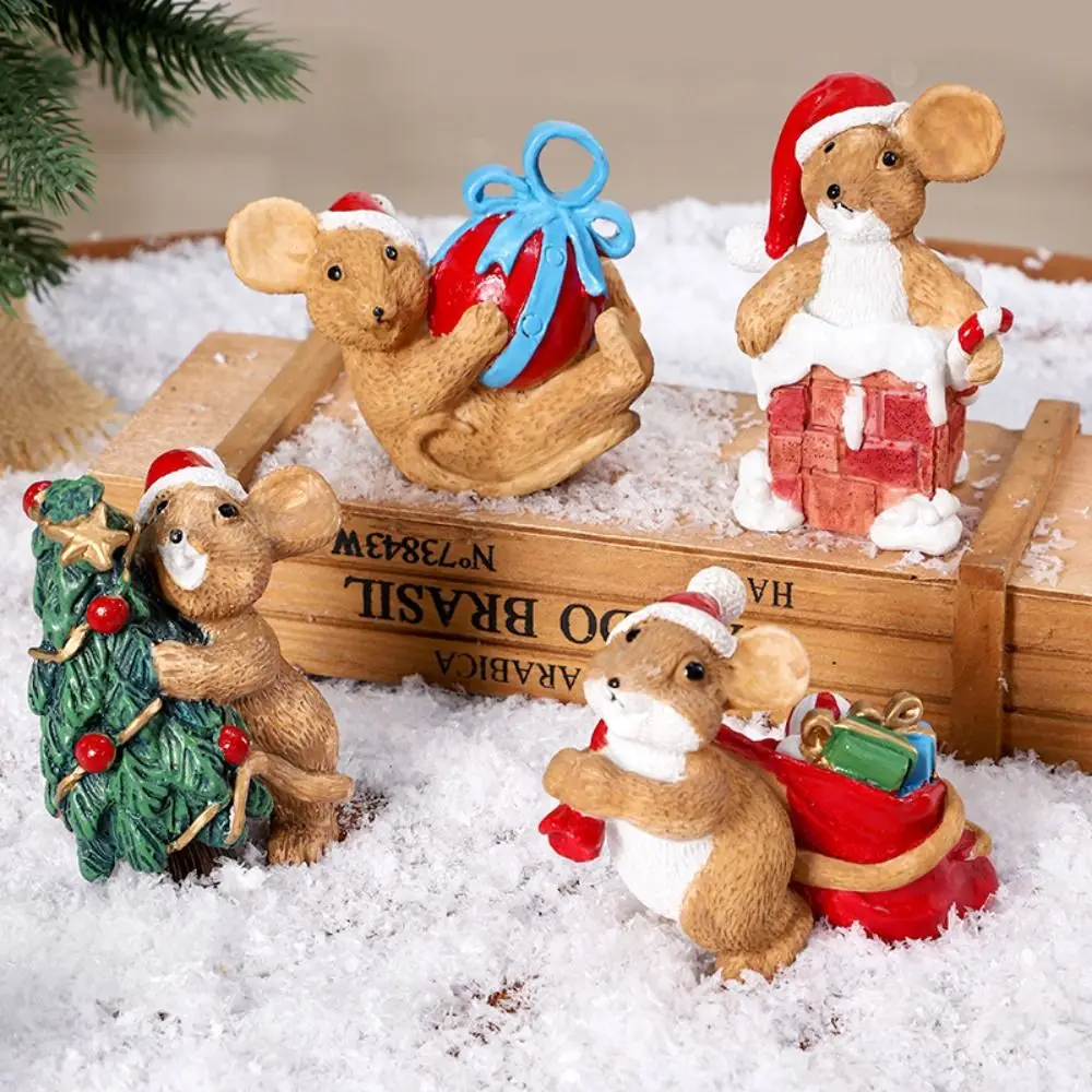 Figuras de animales de Navidad de ratón, miniaturas de animales, micropaisaje, adornos de paisaje de Navidad, artesanías de dibujos animados