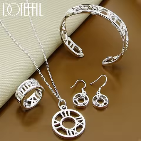 DOTEFFIL 925 Sterling Silver Roman Numerals Earring Bangle Necklace Ring Set For Woman Wedding Engagement Fashion Charm Jewelry