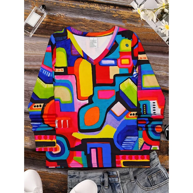 Casual Women's Long Sleeve Top V Neck T Shirt Colorful Geometric Color Block Patchwork Abstract Painting Print Elegant Daily Wea