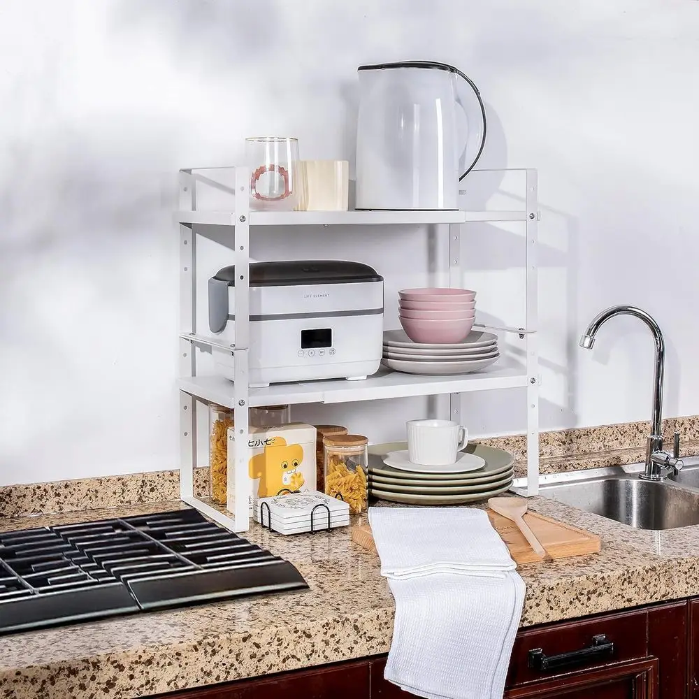 Expandable Cabinet Shel Organizer Rack, Stackable Kitchen Counter Storage Shelves Stand, Adjustable Height Pantry Shel Spice Rac