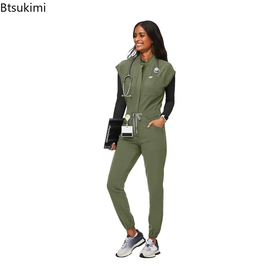 Fashion Zipper Jumpsuit Medical Uniform Health Service Nursing Romper Pet Grooming Nurse Uniform Onesie Short Sleeved Workwear view 5