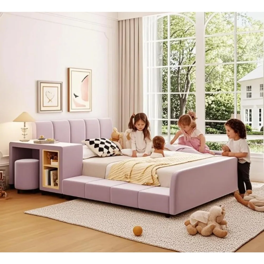 

Modern Full Size Upholstered Grounded Bed Mother & Child Bed Velvet Fabric Upholstered Floor Platform Bed