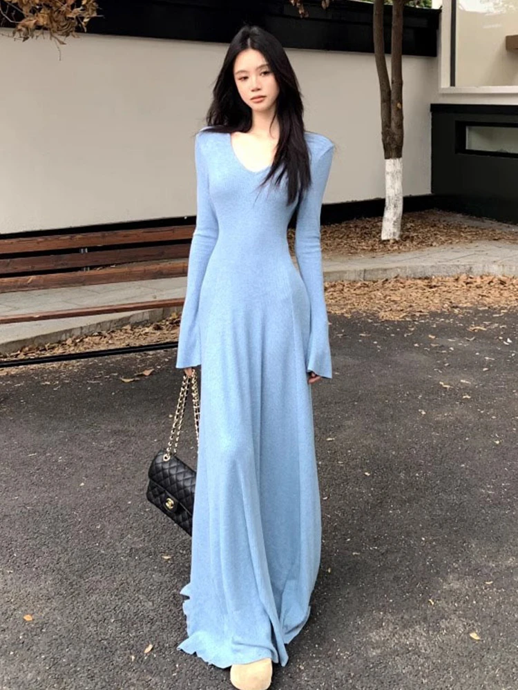 Bla V-Ne Long Sve Gebreid Dr Dames Herfst Winter Slim Fit Innerlijk Lang Dr Koreaanse Sle Hoge taille Polyestervezel