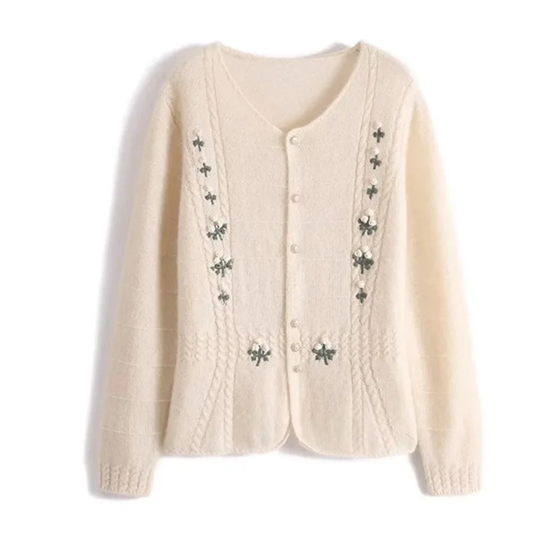 2024 New Autumn Winter Sweet Flowers Embroidered Sweater Women Vintage V-neck Long Sleeve Peal Button Knitted Cardigan Coat Pink