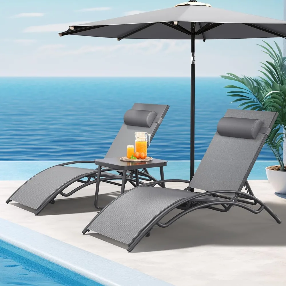 

Outdoor Chaise Lounge Chair Set of 3, Pool Lounge Chairs with Side Table & 5-Position Adjustable Backrest, Sunbathing Recliner
