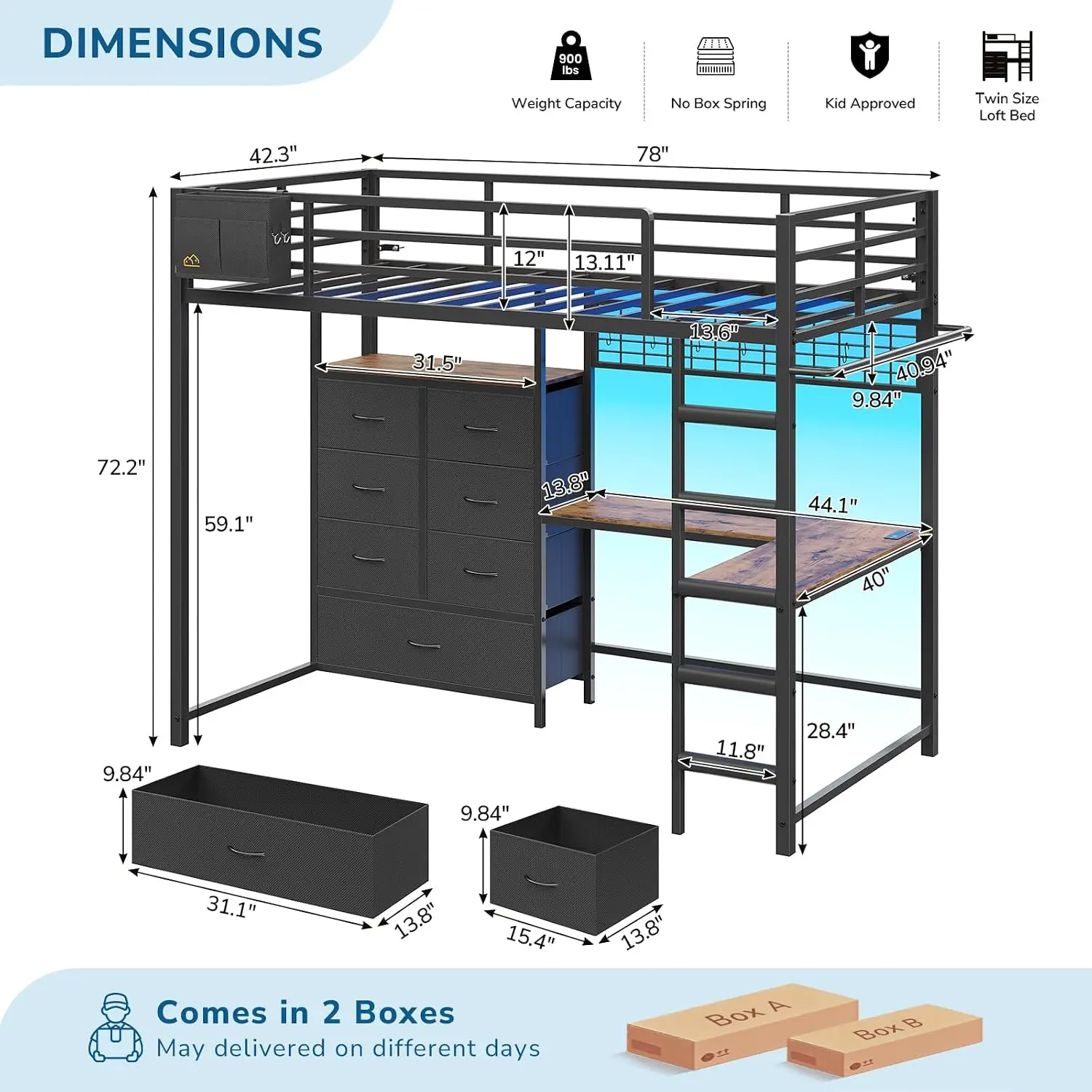 Twin Loft Bed with L-Shaped Desk, 7 Storage Drawers, Metal Loft Bed Twin Size with LED Lights and Charging Station, Customized