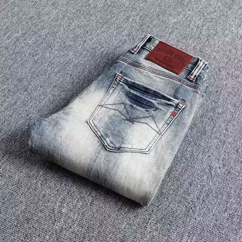 Newly Desigenr Fashion Men Jeans High Quality Retro Washed Blue Stretch Slim Fit Ripped Jeans Men Vintage Denim Pants Hombre