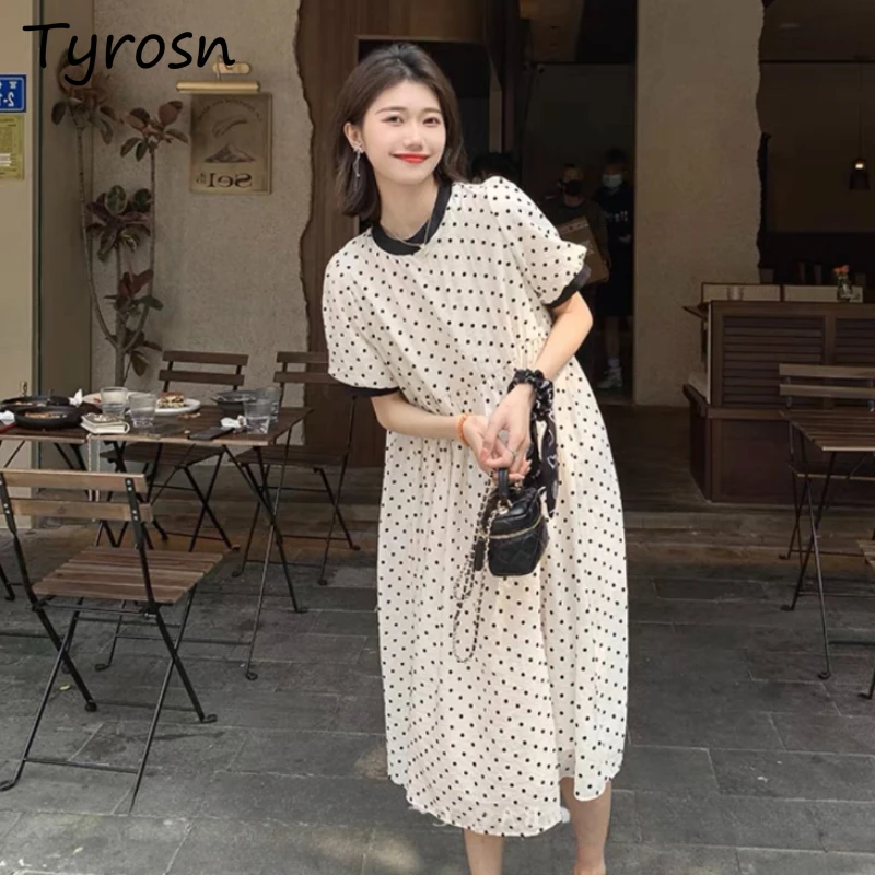 Dresses Women Leisure Versatile Loose Short Sleeve Polka Dot Patchwork Elegant Commuting Summer Vintage Slouchy Korean Style Ins