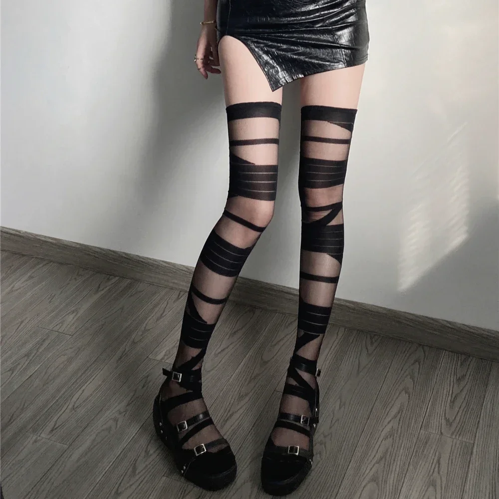 Women JK Lolita Stockings Sexy Transparent Gothic White Black Socks Thigh High Long Stockings Y2k Girls Thigh Socks Stockings