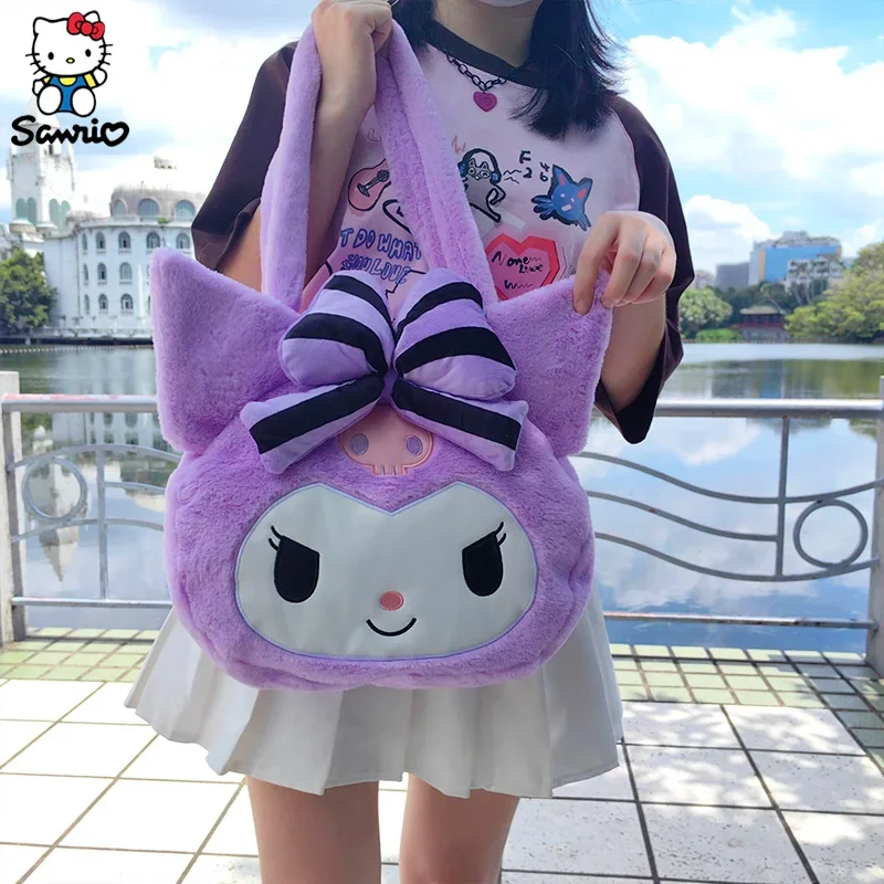 

Kawaii Sanrio Kuromi плюшевая сумка женская сумка-тоут через плечо Симпатичная мультяшная сумка большой емкости сумка для хранения макияжа подарки