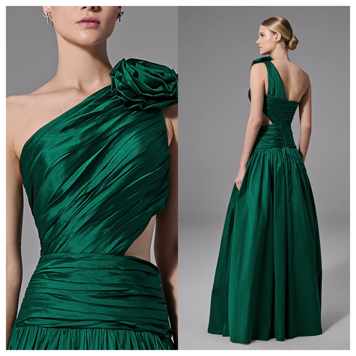 

Customized Modern Green Satin Evening Dress One Shoulder Sleeveless Celebrity Gowns Bespoke Occasion Gowns Flowers Zipper Back
