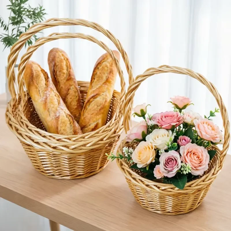 Hand Woven Wicker Storage Basket with Handle Natural Rattan Bread Fruit Basket for Home Kitchen Picnic Storage and Decor