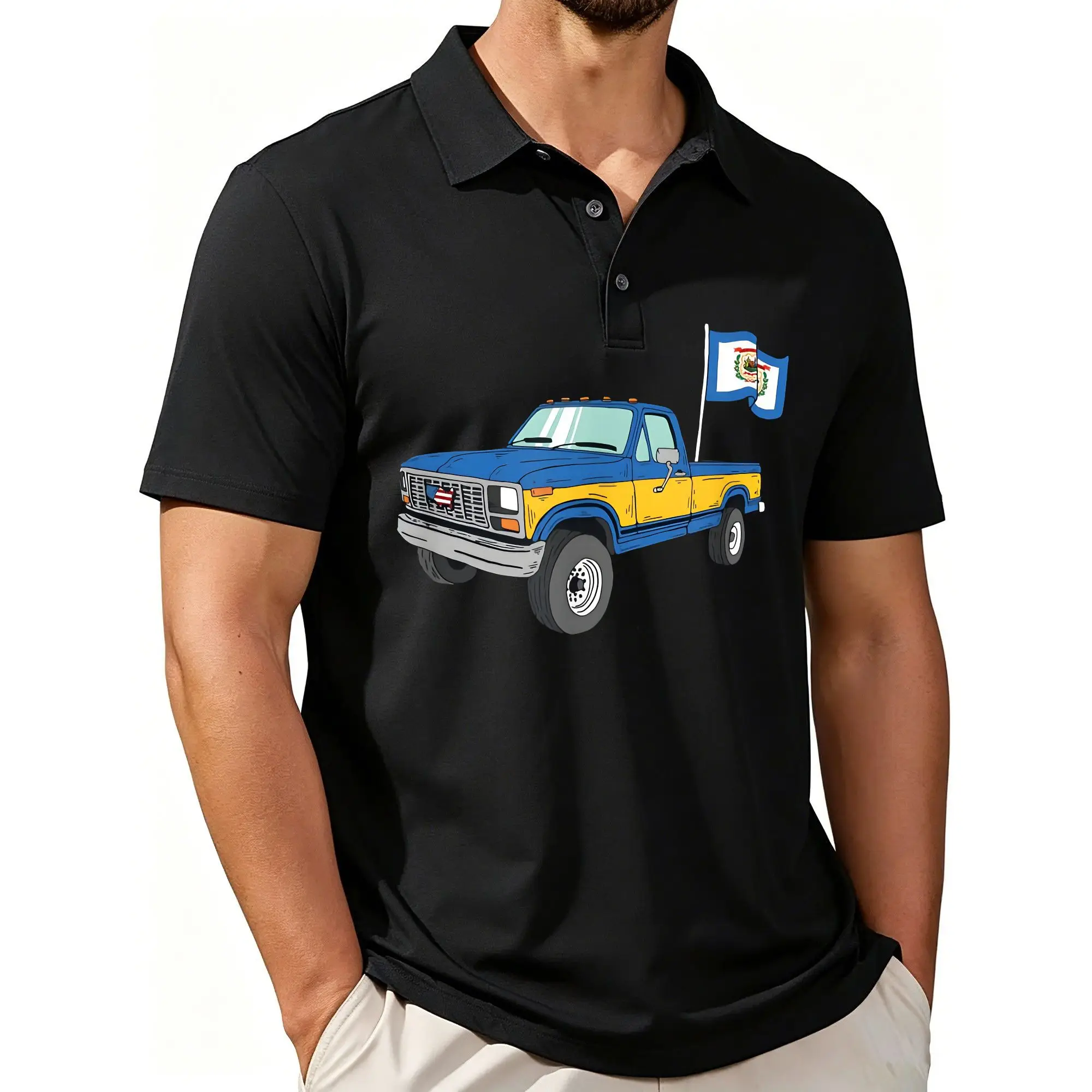 Men's Printed Short-Sleeve Polo Shirt with West Virginia Vintage Truck and State Flag Design, Simple Pattern, Stylish and Casual Fit, Breathable Fabric, Suitable for All Seasons.